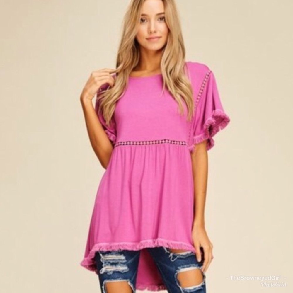 NEW Ladies size M Annabelle pink fringe tunic short dolman sleeves shirt top